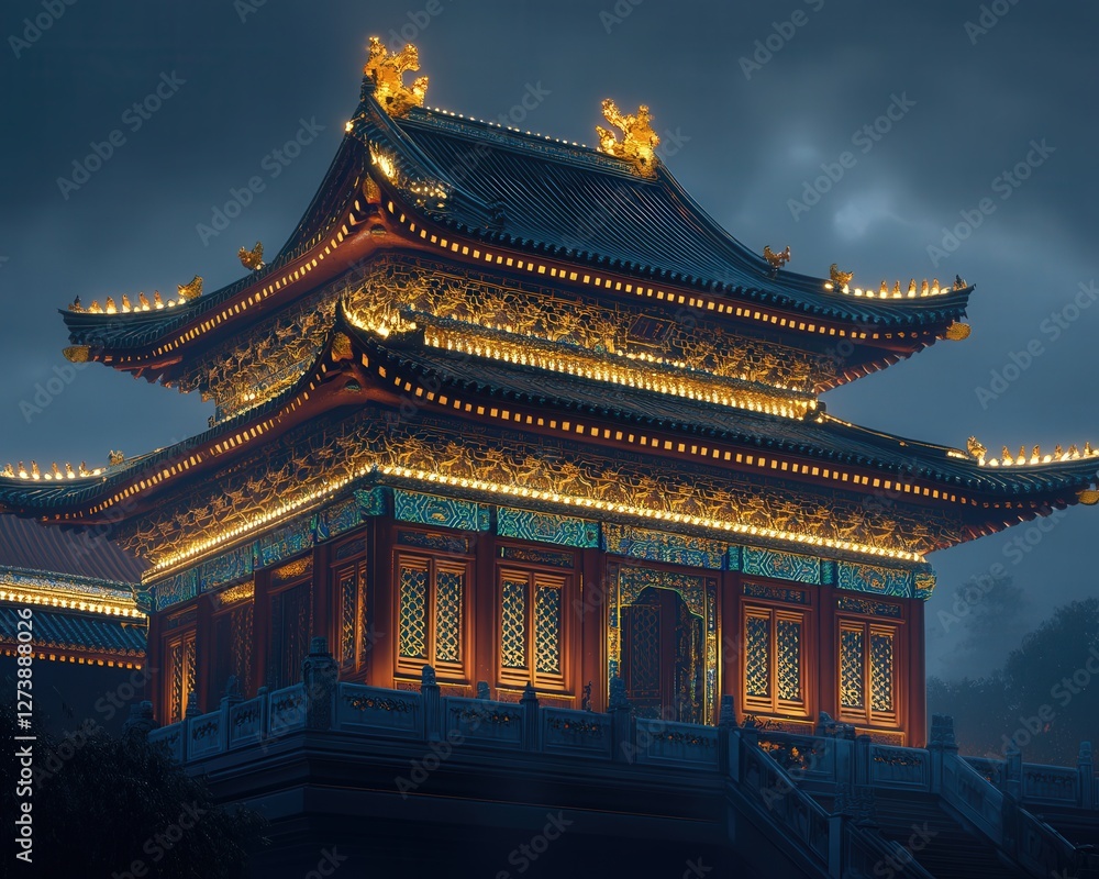an ancient Chinese temple lit up at night, with the structure's intricate patterns and gold accents standing out against the dark sky. an ancient Chinese temple lit up at night, with the structure's intricate patterns and gold accents standing out against the dark sky.