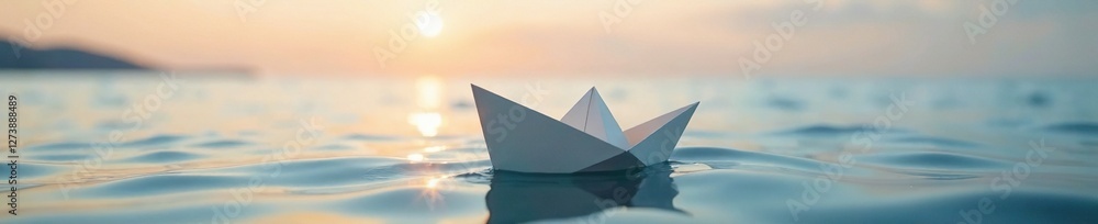 Obraz premium A fragile paper boat is carried by the breeze across the calm sea, soft, peaceful
