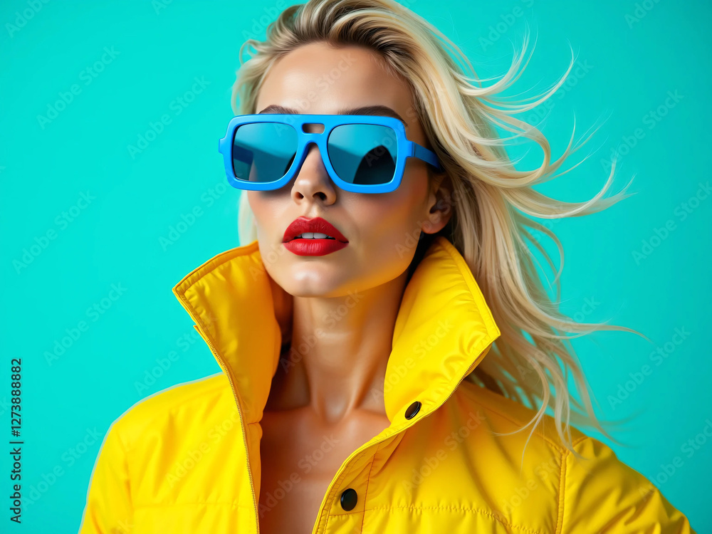 Fototapeta premium Fashionable Woman in Oversized Blue Sunglasses & Yellow Jacket – Modern, Bold, High-Fashion Look with Vibrant Colors, Red Lipstick, and Turquoise Background – Trendy, Elegant, and Confident Aesthetic