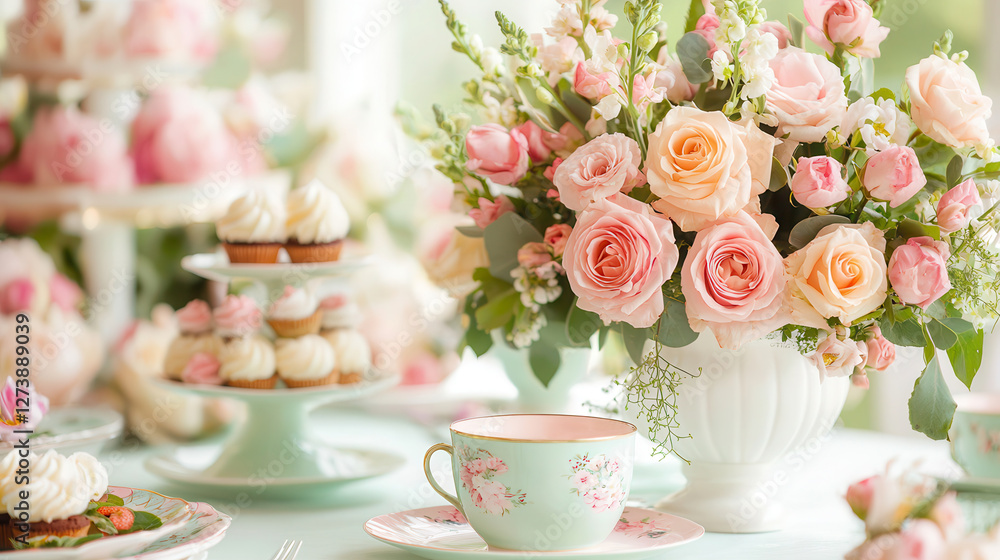 spring themed table setting featuring beautiful floral arrangement with pink and peach roses, accompanied by delicate cupcakes and pastel tea cup, creating charming and inviting atmosphere spring themed table setting featuring beautiful floral arrangement with pink and peach roses, accompanied by delicate cupcakes and pastel tea cup, creating charming and inviting atmosphere