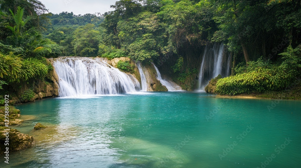 Fototapeta premium Lush Green Forest Waterfall Cascading into Teal Pool