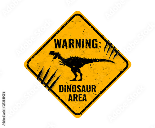 Dinosaur warning sign with claw scratch marks. Dangerous prehistoric animal, dino park area isolated vector warning road sign with monolophosaurus roaring dinosaur silhouette and claws marks on metal