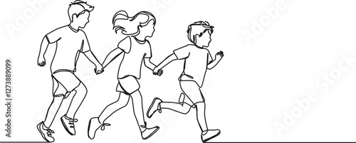 continuous single line drawing of three young kids running hand in hand, line art vector illustration