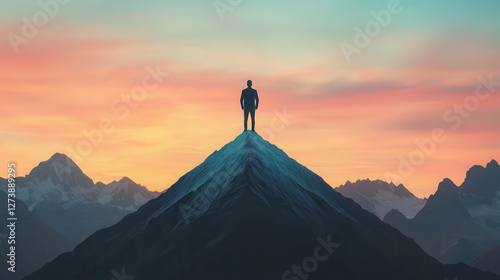visionary leader standing on peak, symbolizing business success and achievement. vibrant sunset creates inspiring atmosphere, reflecting determination and ambition