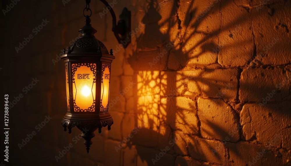 Glowing Lantern Casting Decorative Shadows on a Textured Wall Glowing Lantern Casting Decorative Shadows on a Textured Wall