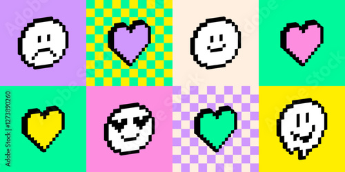 3D emoji pixel icons. Various funny faces. Y2k emoticon stickers. Melting smile. Sad face. Heart shape. Retro style vector illustration. Set of emoticons in pixel art. Bold and groovy seamless pattern