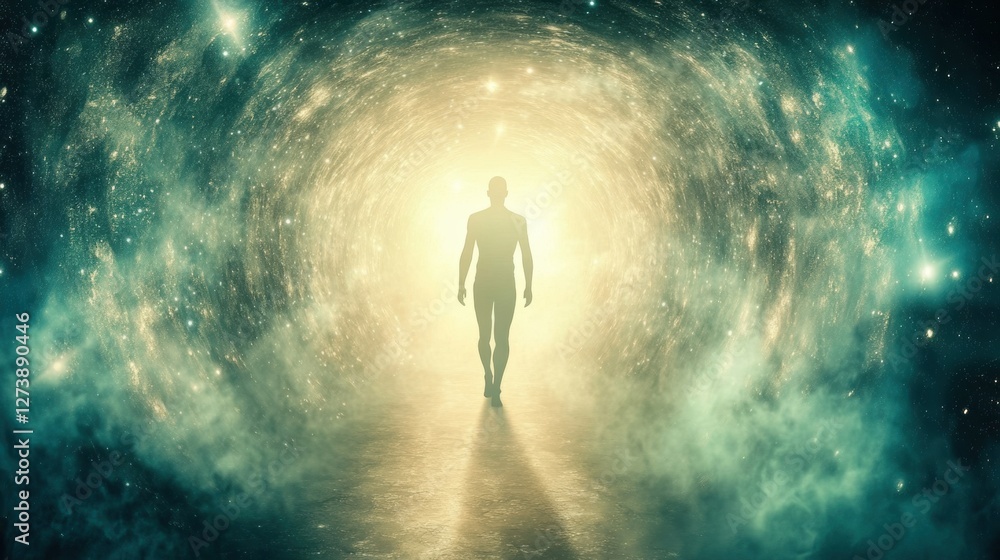Fototapeta premium Silhouette Robot Walking Through a Glowing Cosmic Tunnel in a Galaxy Backdrop