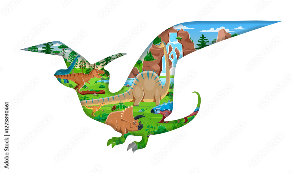 Fototapeta premium Paper cut prehistoric flying dinosaur silhouette with Jurassic lizards and reptiles, vector banner. Paper cut pteranodon dinosaur silhouette with T Rex tyrannosaurus and prehistoric lizards for kids