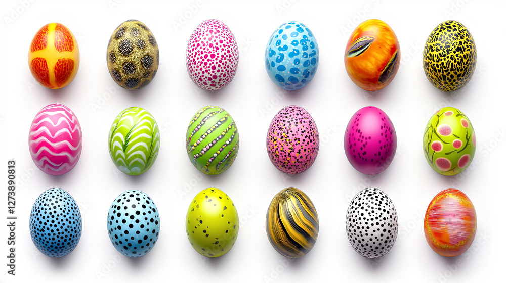 Colorful Patterned Easter Eggs Arranged in a Grid on White Background. Easter concept