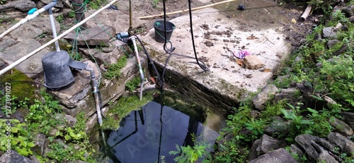 A traditional well in the middle of a vast green rice field, depicting a peaceful and natural rural scene. Perfect for illustrating agricultural life or the concept of tranquility in nature.