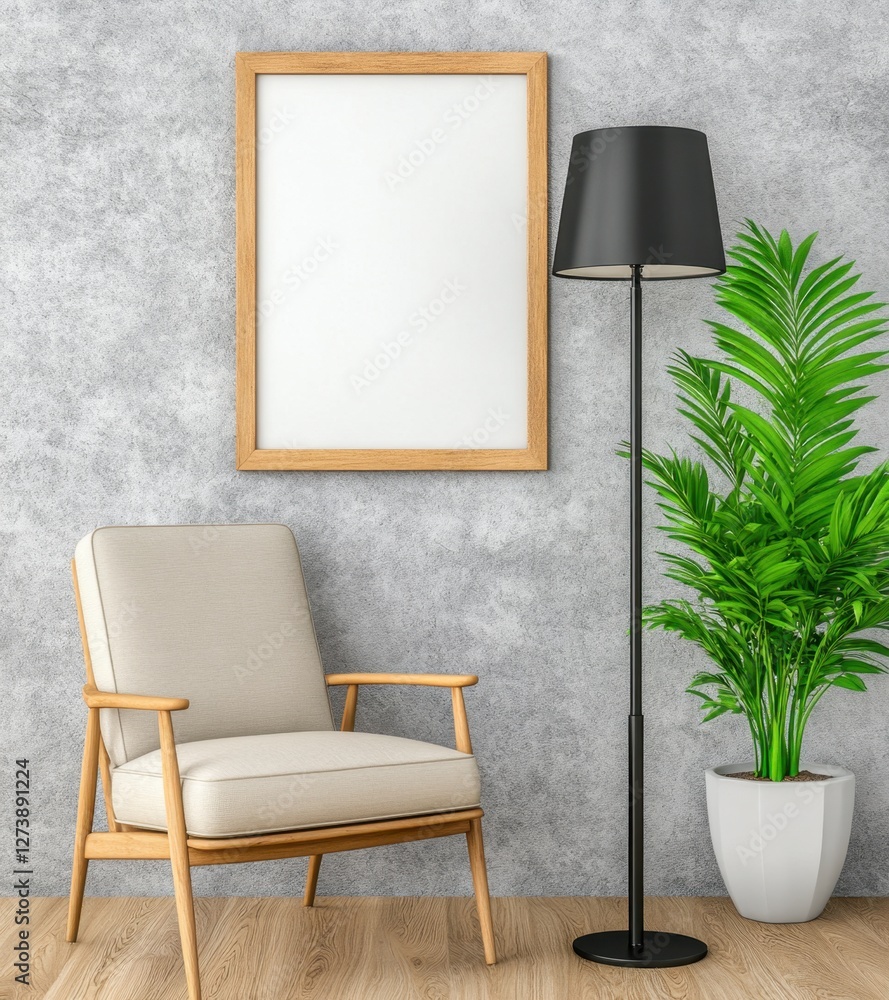Fototapeta premium A cozy interior shot featuring a beige armchair with wooden frame, a black floor lamp, and a vibrant green potted plant set against a textured gray