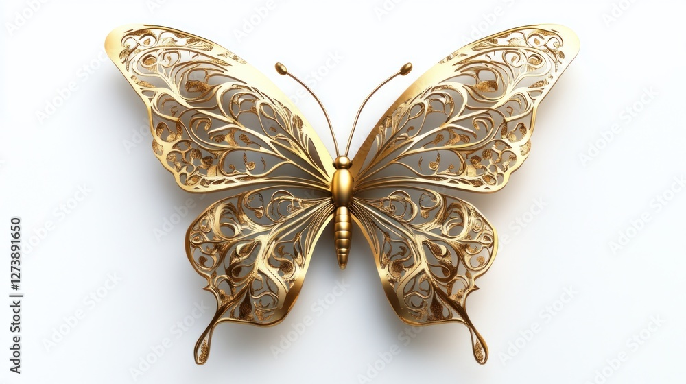 Fototapeta premium Golden filigree butterfly, isolated on white. Decorative design element for luxury branding