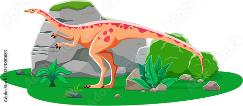 Archaeornithomimus prehistoric dinosaur cartoon paleontology character. Isolated vector ancient omnivorous dino reptile animal in natural environment with rocks and plants. Late Cretaceous era lizard