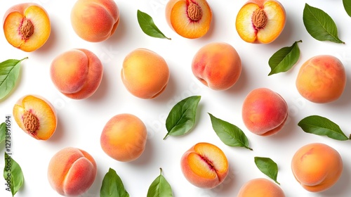 Fresh peaches and green leaves arranged in a pattern on a white background creating a bright mood