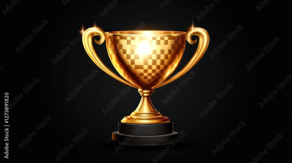 Golden trophy with checkered pattern on black background. Golden trophy with checkered pattern on black background.