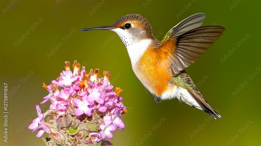 Fototapeta premium Vibrant Hummingbird Hovering Near Colorful Blossoms in Landscape