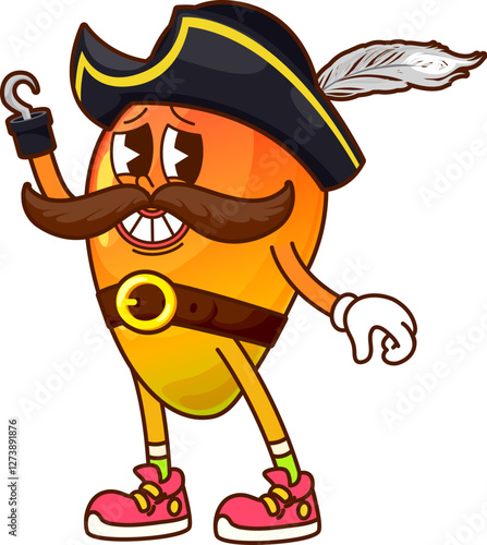 Cartoon groovy mango pirate and corsair fruit character in captain outfit complete with hook, mustache, and feathered cocked hat. Isolated vector playful ripe tropical fruit retro buccaneer personage