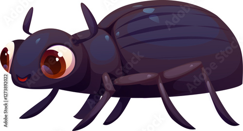 Cartoon funny beetle insect character. Isolated vector charming bug features a playful expression and large, expressive eyes. Playful garden pest personage with black glossy body and adorable smile