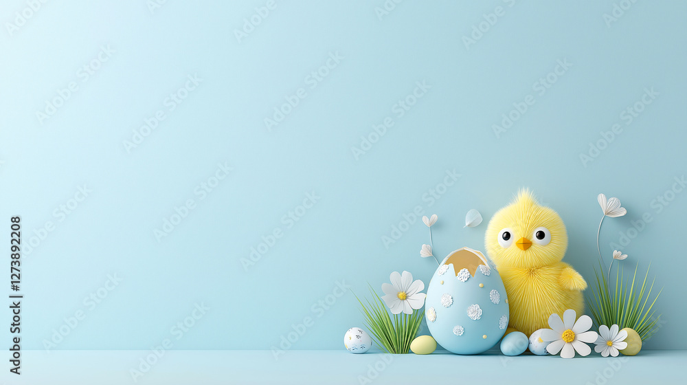 Cute Easter Chick with Decorated Egg and Spring Flowers on Blue Background. Cute Easter Chick with Decorated Egg and Spring Flowers on Blue Background.