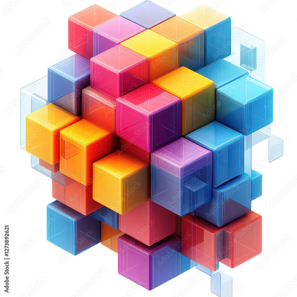 3D colorful geometric cubic building design with bold edges isolated on transparent background.png 3D colorful geometric cubic building design with bold edges isolated on transparent background.png
