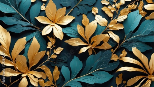 Elegant Green Summer Background with Golden Metallic Wall Art - Vector Design