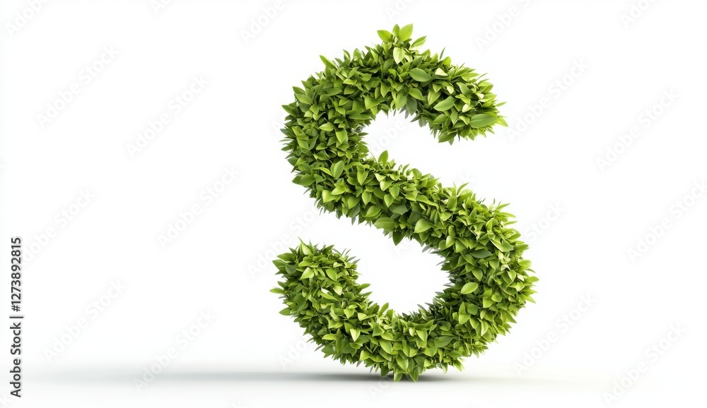 An eye level shot displays a lush, green letter S against a plain white backdrop. The letter is meticulously crafted from vibrant green foliage An eye level shot displays a lush, green letter S against a plain white backdrop. The letter is meticulously crafted from vibrant green foliage