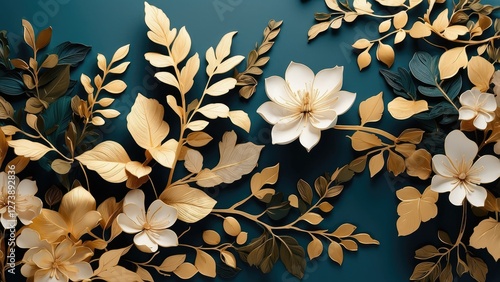 Elegant Green Summer Background with Golden Metallic Wall Art - Vector Design