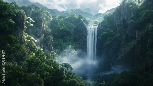 Lush Waterfall in a Tropical Valley. Possible use Nature Background, wallpaper