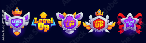 Level up game achievement rank and rate icons featuring metal shields, crowns and stars with ribbons and wings. Cartoon vector awards representing gaming progress, ranking systems for user experience