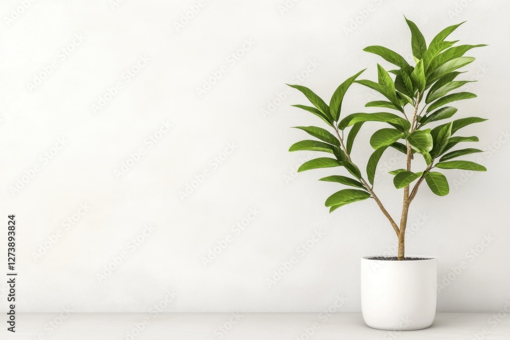 Potted plant with green leaves in minimalistic white ceramic pot on plain wall Potted plant with green leaves in minimalistic white ceramic pot on plain wall