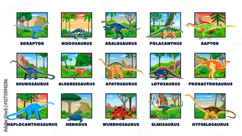 Cartoon prehistoric dinosaurs. Vector vibrant set of ancient dino reptile animals with their names, each set against a unique natural background with jurassic era landscape. Paleontology education