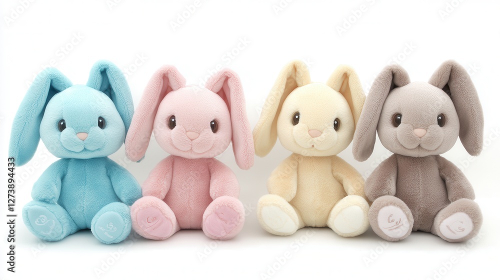 Obraz premium Three adorable stuffed animals are arranged closely on a light white surface, showcasing their colorful features and unique designs.
