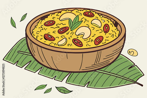  Rice dish, creamy risotto, raisins, cashews, saffron, green leaf garnish, wooden bowl, banana leaf backdrop, rich golden color, close-up food photography, soft lighting, textured grains, aromatic s