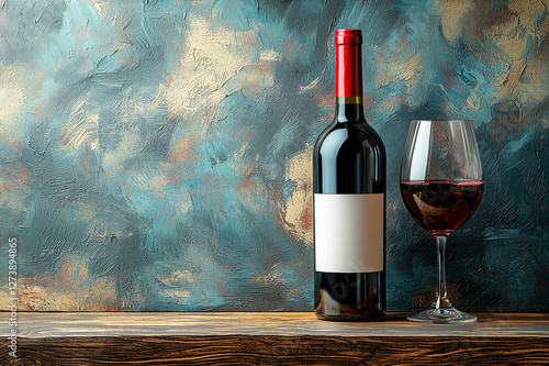 A bottle of red wine and a filled glass against a wall painted with brushstrokes. A cozy evening or a dinner party. A holiday and celebration. Copy space.
