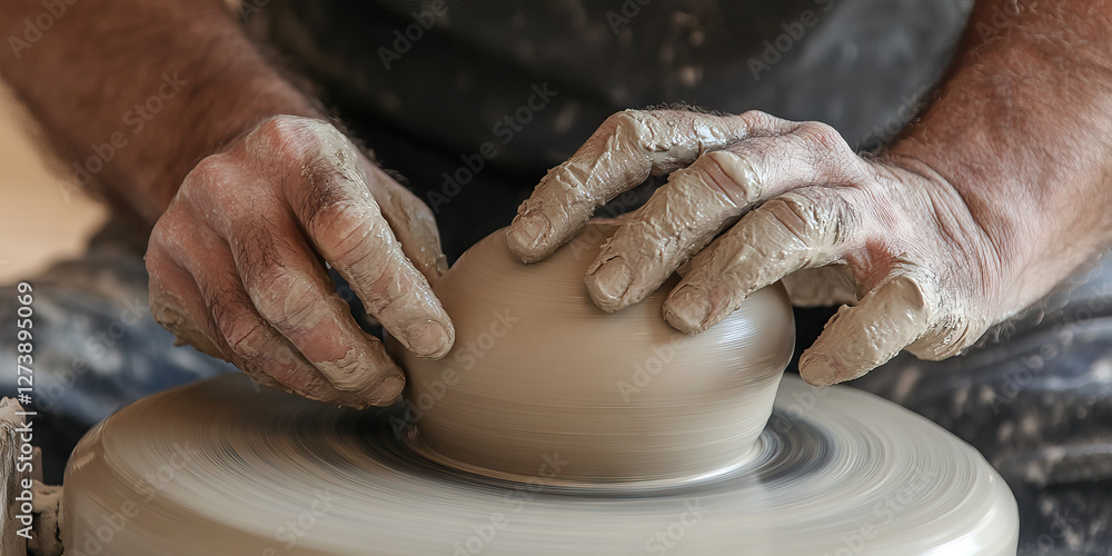 Potter's Hands Shaping Clay Vessel on Pottery Wheel Potter's Hands Shaping Clay Vessel on Pottery Wheel