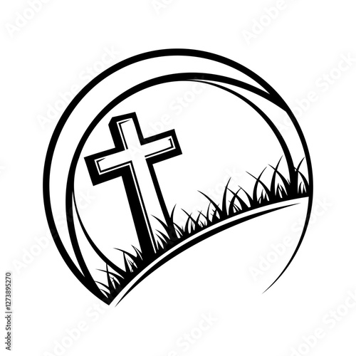 Christian cross icon. Christian cross standing on a hill, inside a circle frame. Black Church symbol. Vector illustration