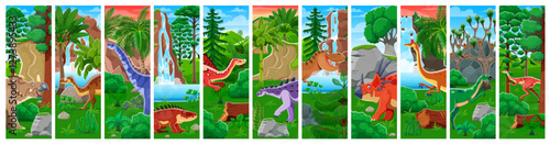 Prehistoric dinosaur characters collage with cartoon dino animals and jurassic reptile. Cute centrosaurus, tyrannosaurus rex, shansisuchus and styracosaurus vector personages in forest with waterfall