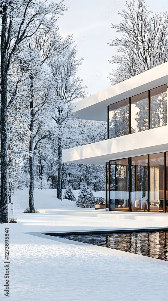 Modern minimalist style, white background, snowy landscape, a villa surrounded by trees on the right side of the building
Modern minimalist style, white background, snowy landscape, a villa surrounded by trees on the right side of the building