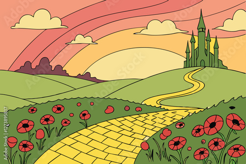  Fantasy landscape, yellow brick road, field of red poppies, emerald city, distant green spires, rolling hills, golden sunset, vibrant colors, dramatic sky, whimsical, fairy tale, Wizard of Oz inspi