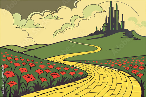  Fantasy landscape, yellow brick road, field of red poppies, emerald city, distant green spires, rolling hills, golden sunset, vibrant colors, dramatic sky, whimsical, fairy tale, Wizard of Oz inspi