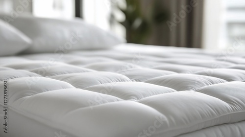 Close-up of a plush, quilted mattress topper on a neatly made bed.