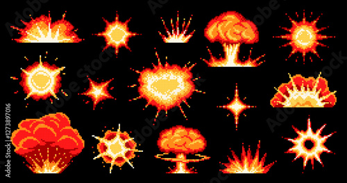 8 bit pixel game bomb blast, fire explosion, burst effect with explosive smoke clouds and flames. Retro 2d video and 8 bit games vector asset of pixel bomb blasts set. Boom and bang explode effects