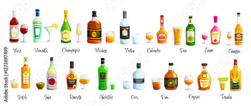 Cartoon alcohol bottles, liquor and wine drinks, vector alcoholic beverages with glasses. Vodka, whiskey, rum and beer, champagne, tequila, gin and absinthe bottles with cocktail glasses, ice and lime