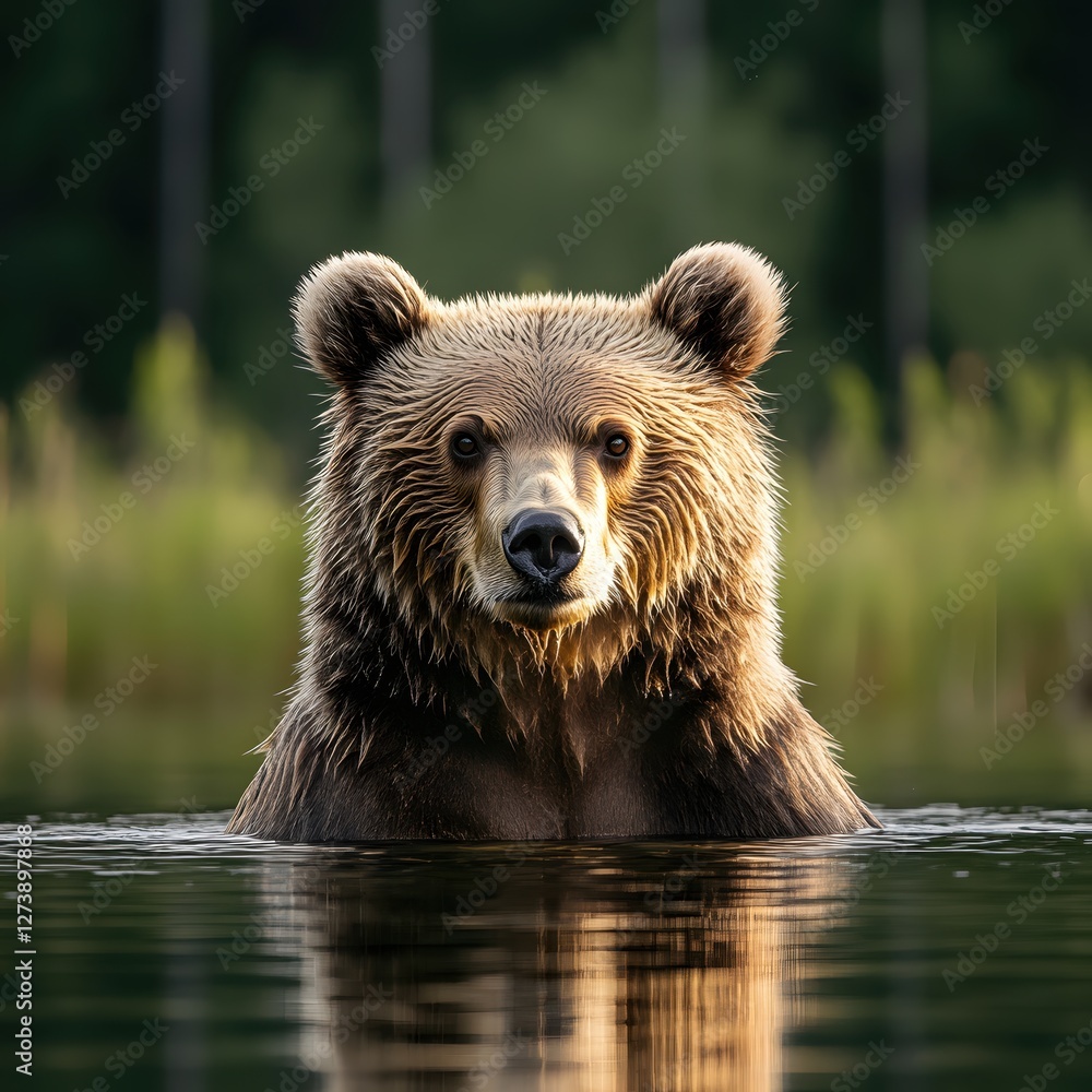 Obraz premium Captivating Brown Bear Portrait Emerging from Calm Lake Waters in Natural Sunlight