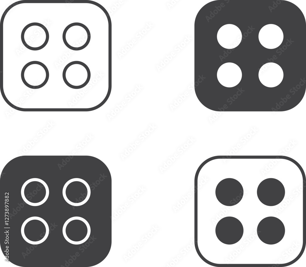 Four stylish dice icons in various color schemes perfect for game design, app interfaces, or web graphics.  Clean, modern design for a versatile and professional look.
