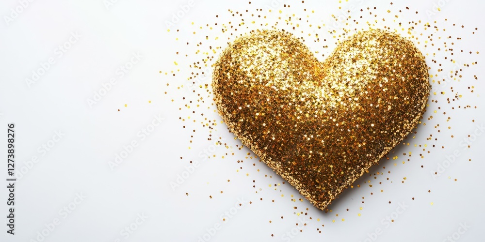 Sparkling golden heart shape with glitter scattered on a white background for celebration or decoration Sparkling golden heart shape with glitter scattered on a white background for celebration or decoration