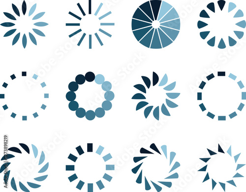 Twelve stylish loading icons in shades of blue, perfect for website design, app development, or presentations.  Clean, modern vector graphics offer diverse options for progress indicators.