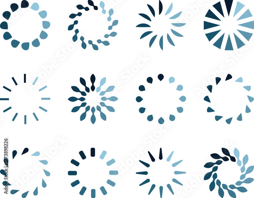 Twelve stylish, minimalist loading icons in cool blues. Perfect for website design, app interfaces, and digital presentations to indicate progress.