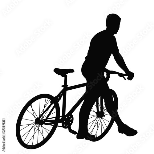 Biker silhouette relaxing beside bicycle against white background, sports concept