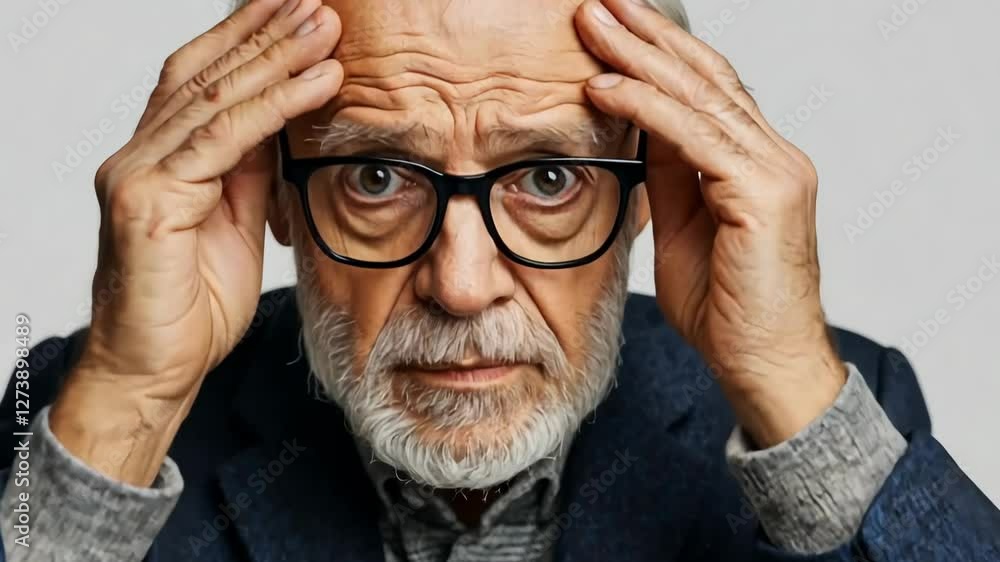 Man with glasses and a gray beard is looking at the camera with his hands on his head Man with glasses and a gray beard is looking at the camera with his hands on his head